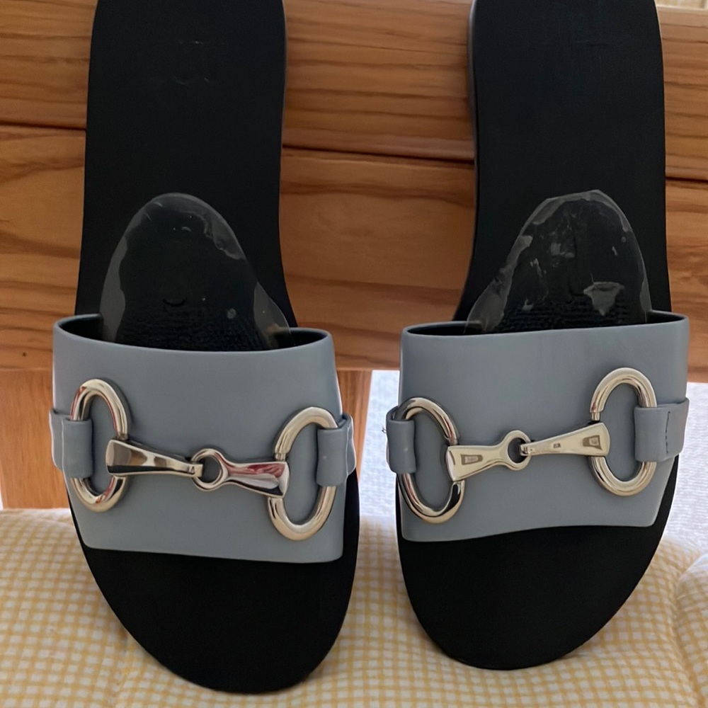 Women's Light blue leather with silver bit buckle. Rubber sole. Slide Sandals.